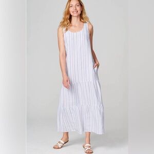 J. Jill Love Linen Tiered Sleeveless Dress Maxi XL White + Blue NWT Striped